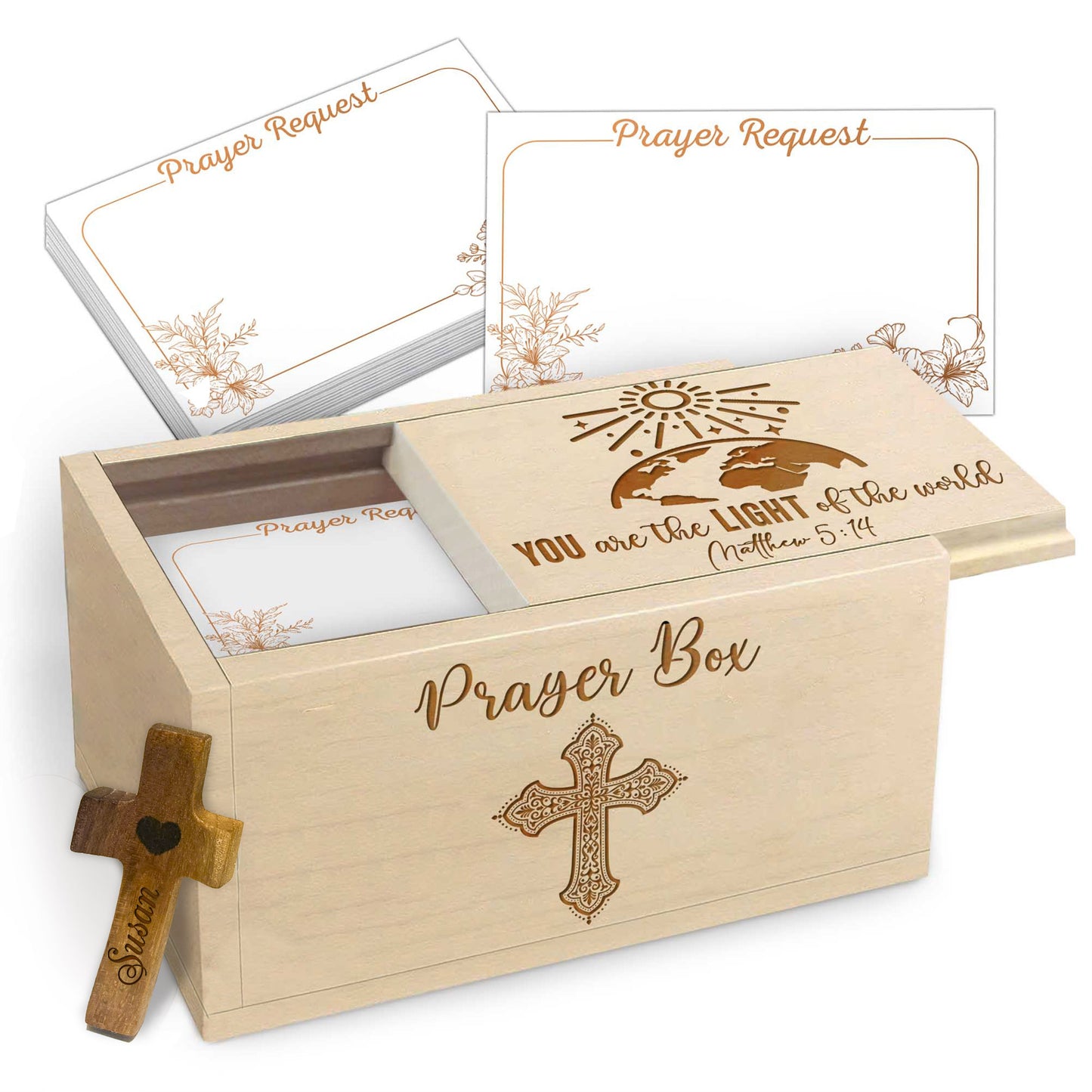 Netecom Personalized Wooden Prayer Box with 100 Prayer Request Cards & Custom Name Cross – Christian Faith Gift You Are the Light of the World