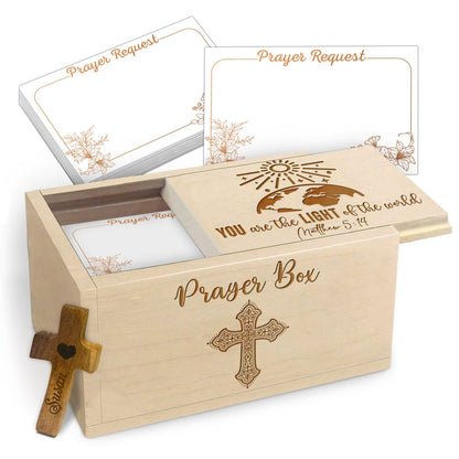 Netecom Personalized Wooden Prayer Box with 100 Prayer Request Cards & Custom Name Cross – Christian Faith Gift You Are the Light of the World