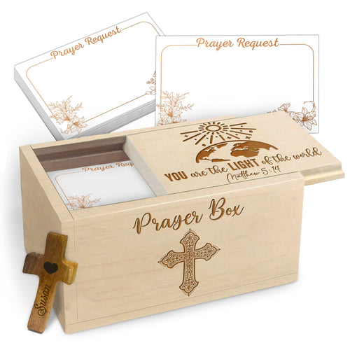 Netecom Personalized Wooden Prayer Box with 100 Prayer Request Cards & Custom Name Cross – Christian Faith Gift You Are the Light of the World