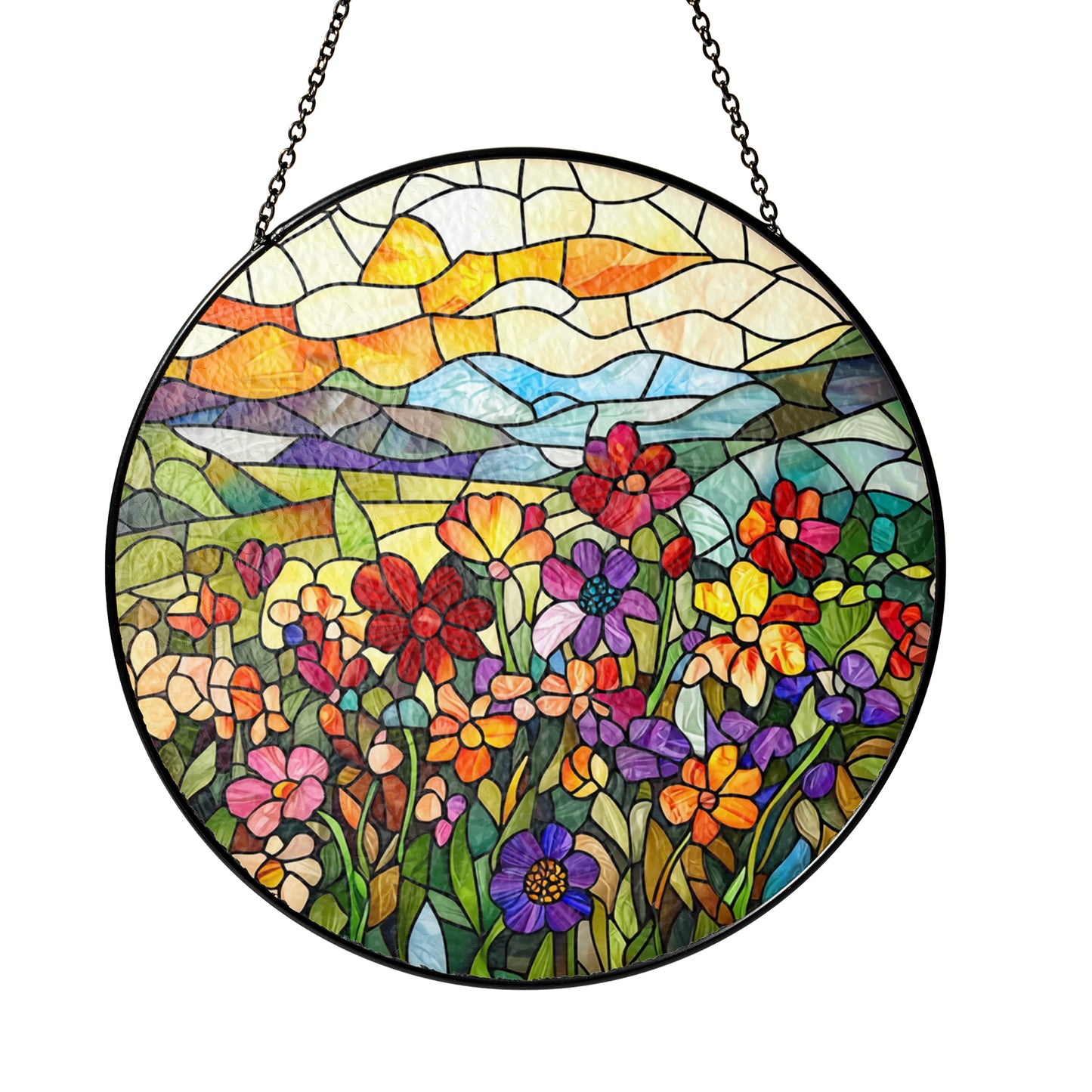 Netecom Flower Garden Stained Glass Sun Catcher – Personalized Floral Ornament, Custom Window Hanging, Nature-Inspired Gift