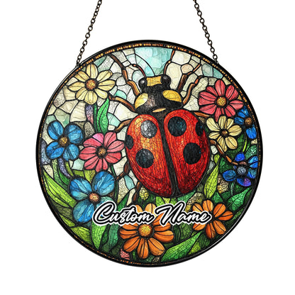 Netecom Personalized Lady Bug Stained Glass Ornament, Custom Memorial Suncatcher, Pet Loss Remembrance Gift, Christmas Decoration