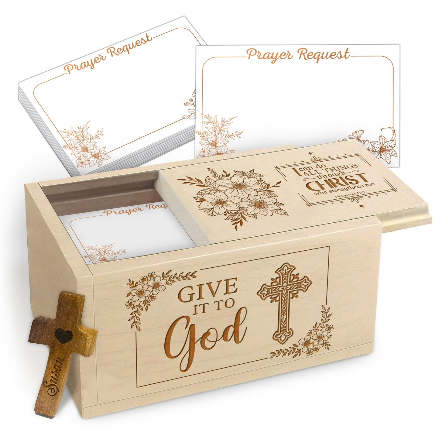Netecom Personalized Wooden Prayer Box with Custom Name Cross, 100 Prayer Request Cards, Christian Gift for Prayer, Reflection, and Faith