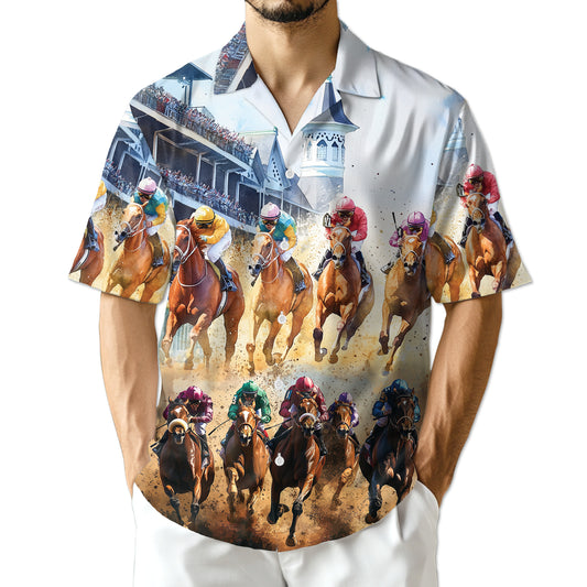 Netecom Vintage Horse Racing Hawaiian Shirt for Men Women, Horse Rider Button Down Summer Beach Short Sleeve Shirts