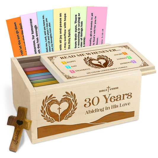 Netecom Personalized Bible Verse Box for 30 Years Birthday, Custom Name & Age, Engraved Wood Scripture Box with Pocket Cross, 150 Daily Bible Verse Cards, Christian Birthday Gift