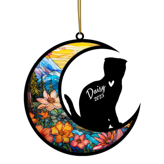 Netecom Personalized Scottish Fold Memorial Suncatcher - Custom with Name & Date - Pet Loss Light Catcher - Christmas Cat Ornament for Window Hangings