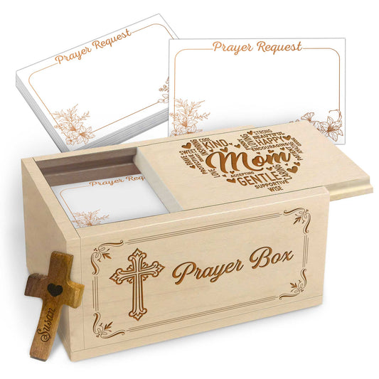 Netecom Personalized Mom Prayer Box with Custom Name Cross and 100 Prayer Request Cards, Christian Gift for Mom, Faith-Inspired Keepsake
