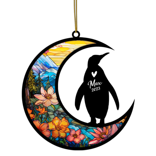 Netecom Personalized Penguin Memorial Suncatcher, Pet Loss Suncatcher, Bereavement Penguin Loss Gift, Custom Penguin with Name Date, Gifts for Penguin Lovers, Hanging Ornaments for Car, Window