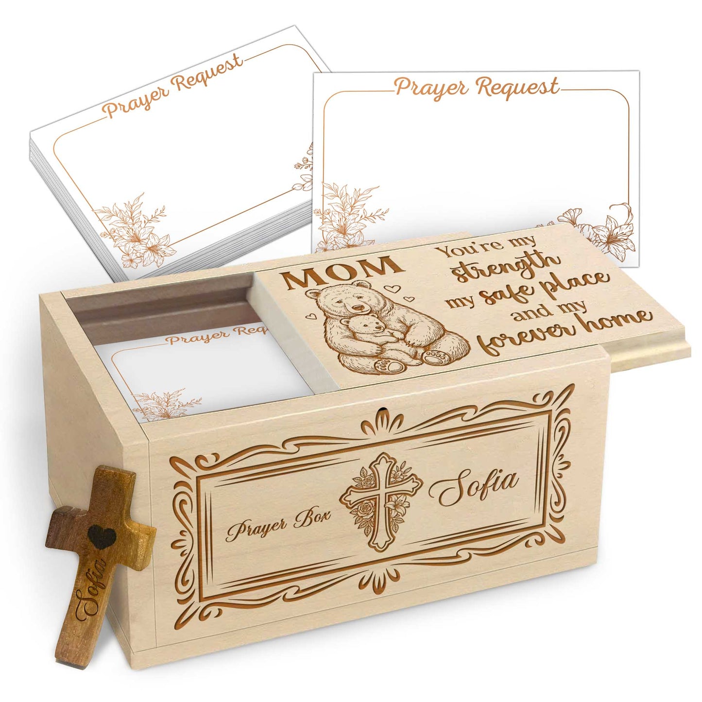 Netecom Personalized Prayer Box for Mom with 100 Prayer Request Cards & Custom Name Wooden Cross – Christian Faith Gift Filled with Love and Gratitude