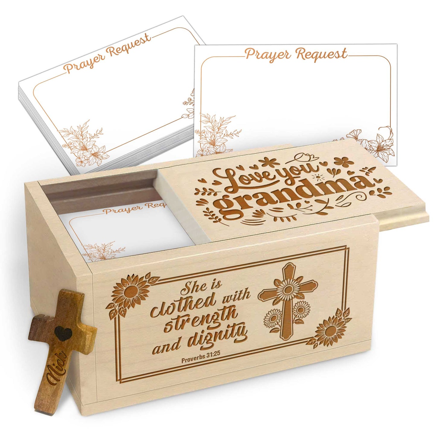 Netecom Love You Grandma Personalized Prayer Box with Custom Name Cross and 100 Prayer Request Cards, Christian Gift