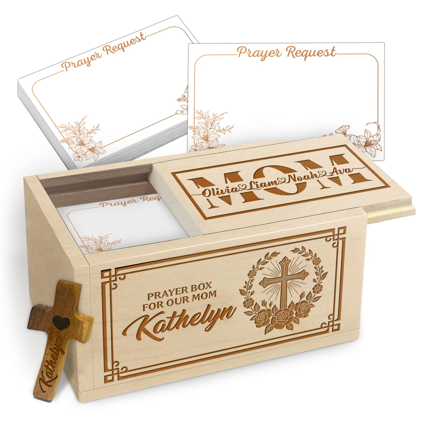 Netecom Personalized Prayer Box for Mom, Dad or Grandparent – Custom Name Engraved with Children’s Names, 100 Prayer Request Cards with Wooden Cross, Faith-Based Keepsake Gift