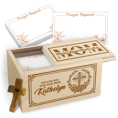 Netecom Personalized Prayer Box for Mom, Dad or Grandparent – Custom Name Engraved with Children’s Names, 100 Prayer Request Cards with Wooden Cross, Faith-Based Keepsake Gift