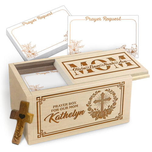 Netecom Personalized Prayer Box for Mom, Dad or Grandparent – Custom Name Engraved with Children’s Names, 100 Prayer Request Cards with Wooden Cross, Faith-Based Keepsake Gift