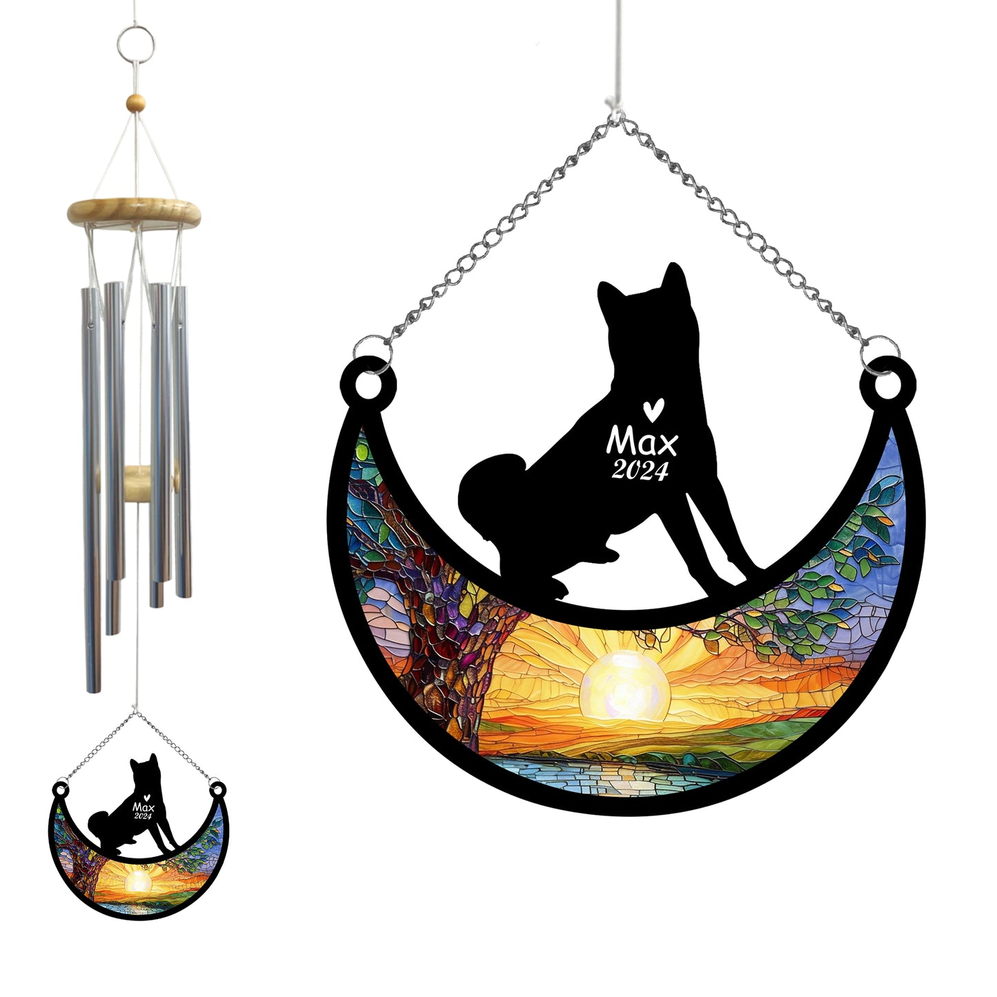Netecom Personalized Akita Dog Memorial Wind Chimes with Suncatcher, Pet Loss Sympathy Gift, Remembrance Keepsake for Dog Lovers, Outdoor Garden Decor