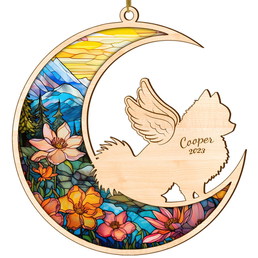 Netecom Personalized Pomeranian Memorial Suncatcher, Pomeranian Dog Angel Wings Memorial Gift Christmas Ornament Decor Bereavement Gift Dog Memorial Ornament Loss of Pet Sympathy Gift for Dog Lovers