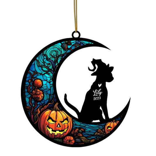 Netecom Personalized Halloween Abyssinian Cat Suncatcher - Memorial Gift for Loss of Cat, Custom Abyssinian Lovers Ornament for Window or Wall Hanging, Spooky Sympathy Gift