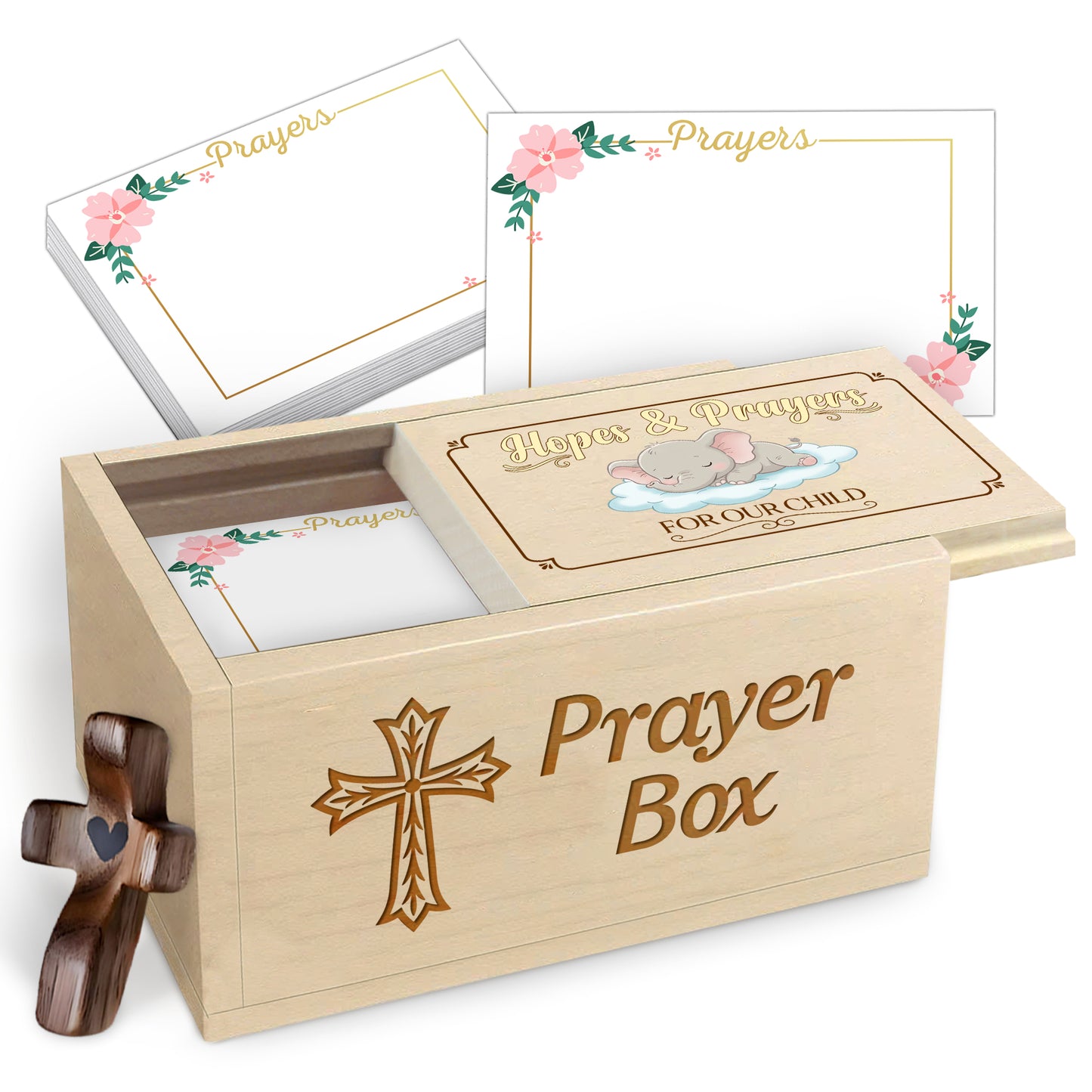 Netecom Baby Prayer Box with 100 Prayer Request Cards & Handheld Cross – Wooden Christian Prayer Box, Meaningful Gift for Parents with Baby, Hopes & Prayers for Our Child