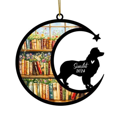 Netecom Personalized Border Collie Suncatcher for Windows Hanging, Custom Dog Sun Catcher Ornament with Name Date, Unique Gifts for Book Lovers, Reader Teacher Librarian Bookworm