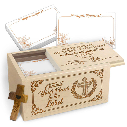 Netecom Personalized Graduation Prayer Box with Custom Name Cross, Maple Wood Faith Keepsake with 100 Prayer Request Cards, Christian Gift for Graduates