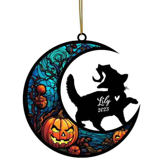 Netecom Personalized Halloween British Shorthair Cat Suncatcher - Custom Cat Ornament with Name, British Shorthair Cat with Witch Hat Halloween Decoration for Window or Garden