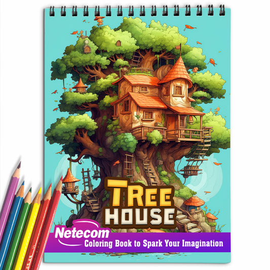 Tree House Spiral Bound Coloring Book, Explore 30 Intriguing Coloring Pages, Depicting Treehouses as Tranquil Retreats and Cozy Sanctuaries in Nature