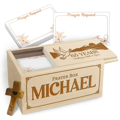 Netecom Personalized Birthday Prayer Box 65 Years with Custom Name, Christian Faith Gift with Wooden Cross & 100 Prayer Request Cards, Meaningful 65th Birthday Gift