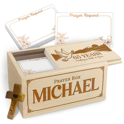 Netecom Personalized Birthday Prayer Box 65 Years with Custom Name, Christian Faith Gift with Wooden Cross & 100 Prayer Request Cards, Meaningful 65th Birthday Gift