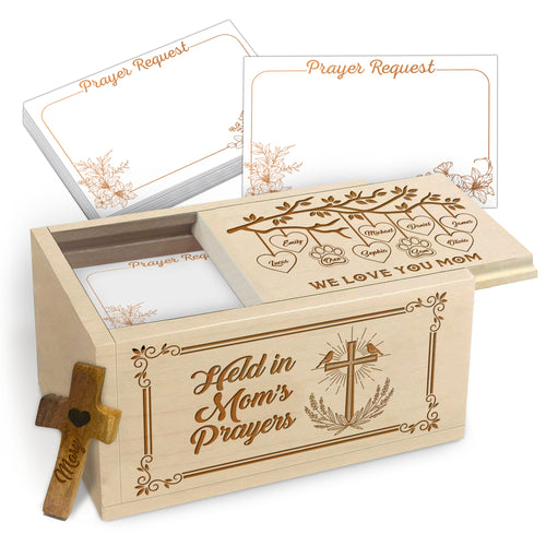 Netecom Personalized Prayer Request Box for Mom – Custom Engraved Family Names on Box with Mom Name on Wooden Cross, 100 Prayer Request Cards, Christian Keepsake Gift