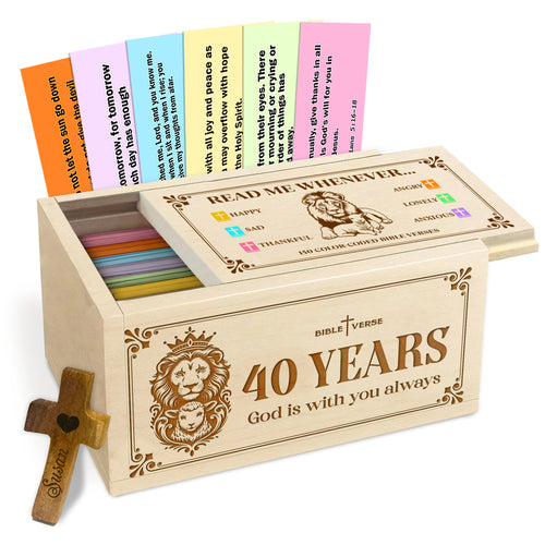 Netecom Personalized Bible Verse Box for 40 Years Birthday, Custom Name & Age, Engraved Wood Scripture Box with Pocket Cross, 150 Daily Bible Verse Cards, Christian Birthday Gift