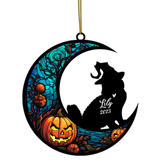Netecom Personalized Halloween Siberian Cat Suncatcher - Custom Cat Ornament with Name, Siberian Cat with Witch Hat Halloween Decoration for Window, Garden, or Car