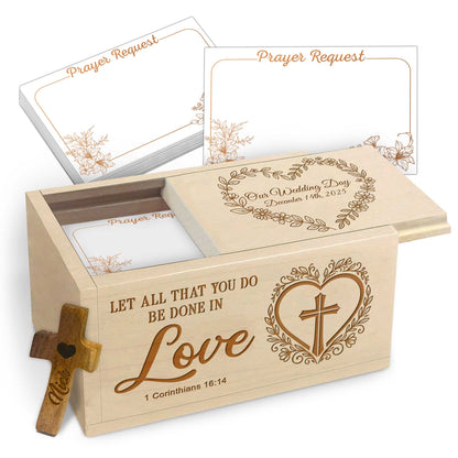 Netecom Personalized Wedding Anniversary Prayer Box for Wife or Husband, Custom Date Wooden Keepsake with Engraved Name Cross & 100 Prayer Request Cards, Christian Love Gift