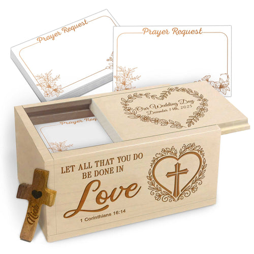 Netecom Personalized Wedding Anniversary Prayer Box for Wife or Husband, Custom Date Wooden Keepsake with Engraved Name Cross & 100 Prayer Request Cards, Christian Love Gift
