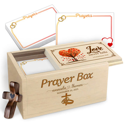Netecom Personalized Couple Prayer Box with 100 Prayer Request Cards and Handheld Cross – Custom Names and Anniversary Date, Wooden Christian Gift for Couples