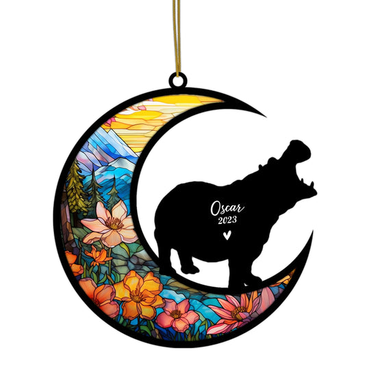 Netecom Personalized Hippo Memorial Suncatcher - Hippo Christmas Ornament with Name & Date - Pet Loss Stained Glass Light Catcher - Bereavement & Sympathy Gift for Loss of Pet