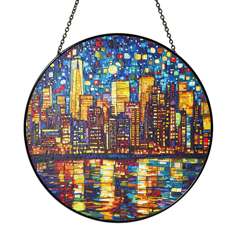 Netecom City Nightscape Stained Glass Ornament – Custom Urban Sun Catcher, Night City Lights Home Decor
