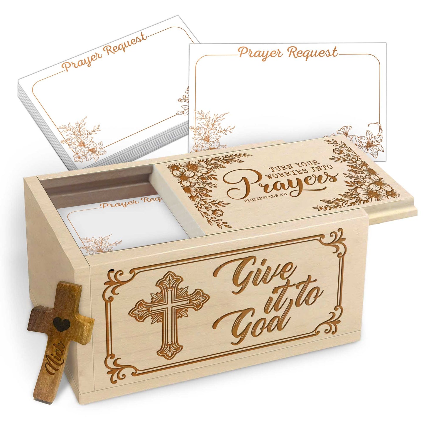 Netecom Personalized Prayer Box with Custom Name on Cross, 100 Prayer Request Cards, Christian Keepsake for Faith, Reflection, and Spiritual Encouragement