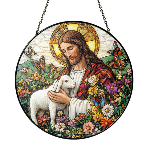 Netecom Jesus and Lost Sheep Stained Glass Suncatcher, Religious Window Hanging Decor, Christian Home Accent, Spiritual Gift for Easter and Christmas