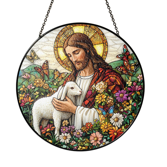 Netecom Jesus and Lost Sheep Stained Glass Suncatcher, Religious Window Hanging Decor, Christian Home Accent, Spiritual Gift for Easter and Christmas