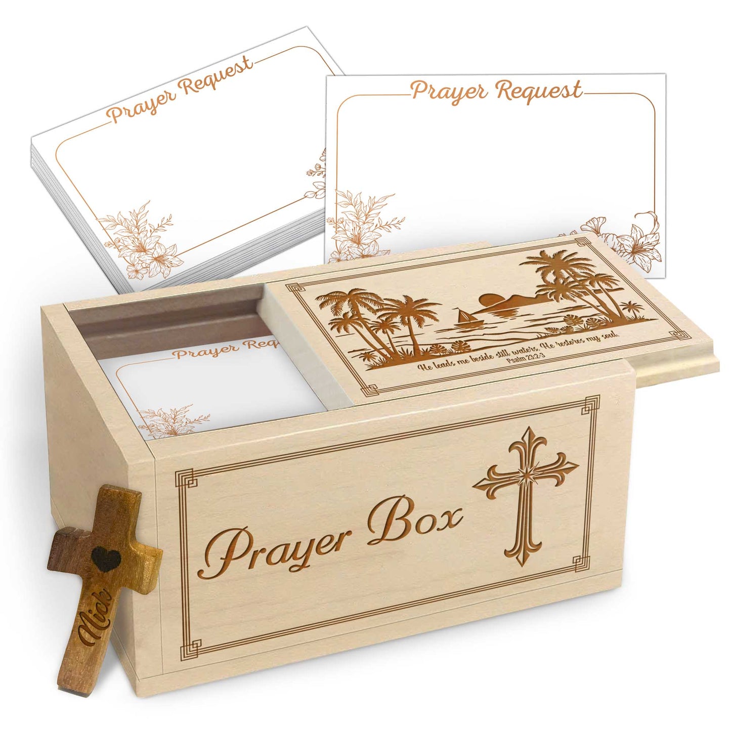Netecom Personalized Wooden Prayer Box with 100 Prayer Request Cards & Custom Name Handheld Cross – Christian Faith Keepsake for Daily Prayer & Reflection