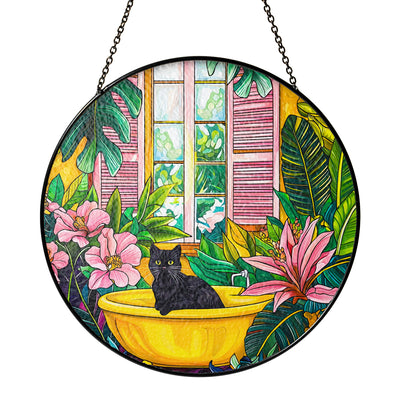 Netecom Black Cat in Bathtub Stained Glass Suncatcher, Vibrant Tropical Window Hanging Decor, Artistic Home Accent, Lovely Gift for Cat Lovers and Holiday Season
