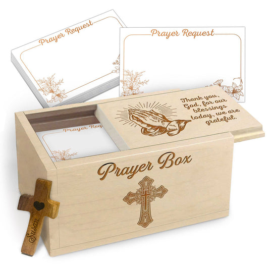 Netecom Personalized Christian Prayer Box with 100 Prayer Request Cards & Custom Name Wooden Cross – Faith Gratitude Gift, Thankful Prayer Keepsake for Home or Church