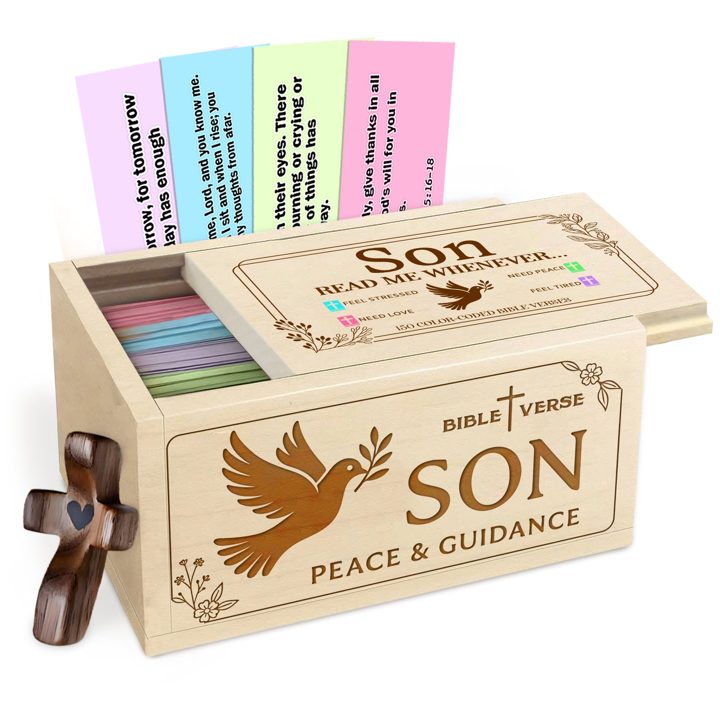 Netecom Bible Verses Box for Son with Prayer Cross, 150 Upgrade Bible Verse Cards Box Set for Emotions and Feelings, 4 Emotional Themes, Graduation Gift for Son, Encouragement & Love