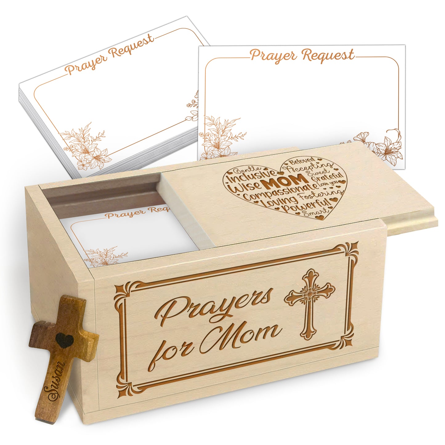 Netecom Personalized Mom Prayer Box with Custom Name Cross and 100 Prayer Request Cards, Christian Prayer Keepsake Gift for Birthday, Mother’s Day, Christmas or Daily Faith