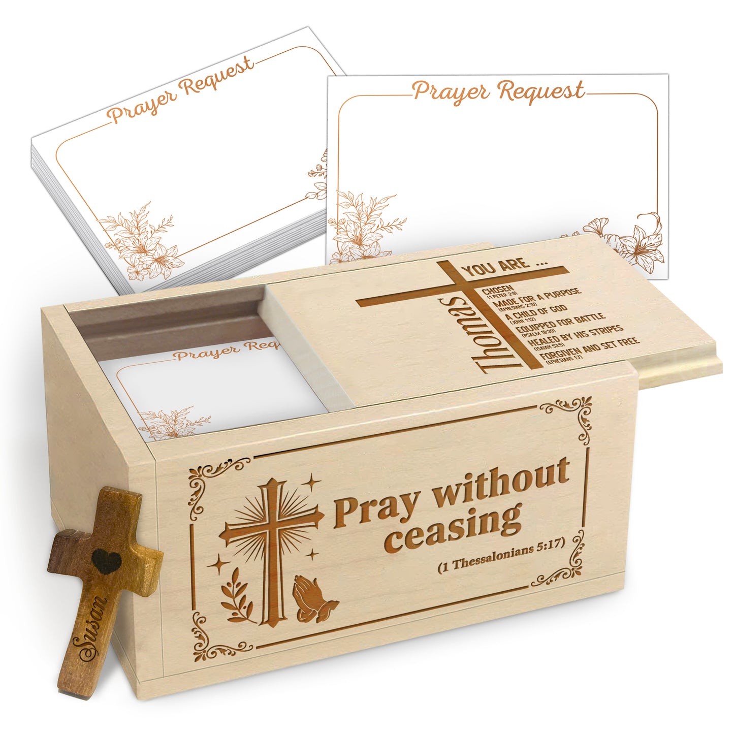 Netecom Personalized Prayer Box with Custom Name on Box and Wooden Cross – 100 Prayer Request Cards, Custom Engraved Christian Keepsake for Mom, Dad, Family, or Loved Ones