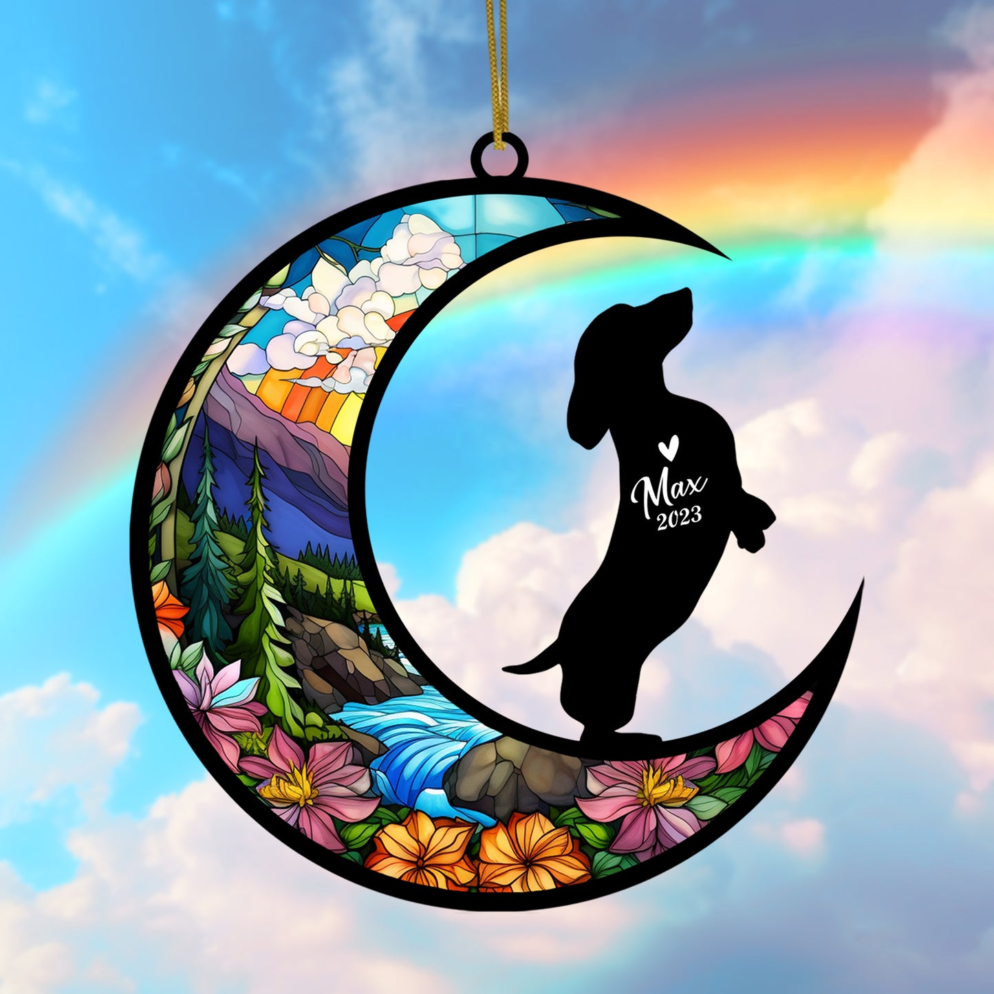 Netecom Dachshund Memorial Suncatcher, Personalized Dachshund Christmas Ornament with Name Date, Pet Loss Stained Glass Sun Catchers, Bereavement Gift Dog Memorial Ornament Loss of Pet Sympathy Gift