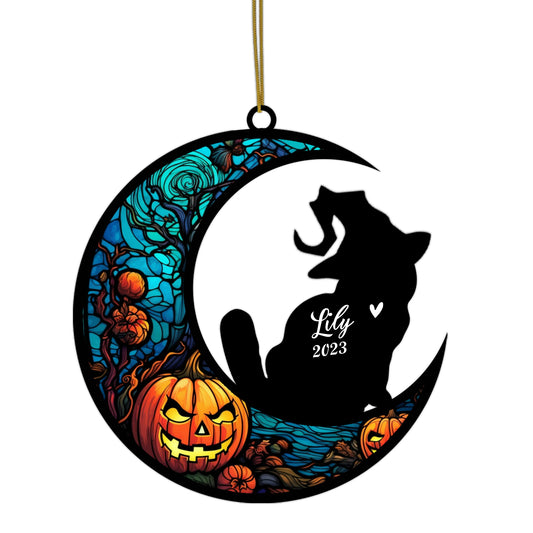 Netecom Personalized Halloween Exotic Shorthair Cat Suncatcher - Custom Cat Ornament with Name, Exotic Shorthair Cat with Witch Hat Halloween Decoration for Window or Garden