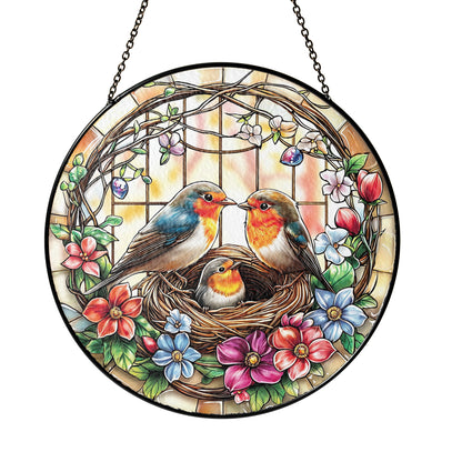 Netecom Robin Couple Stained Glass Suncatcher, Bird Nest Window Hanging Decor, Nature-Inspired Home Accent, Christmas and Mother’s Day Gift for Bird Lovers
