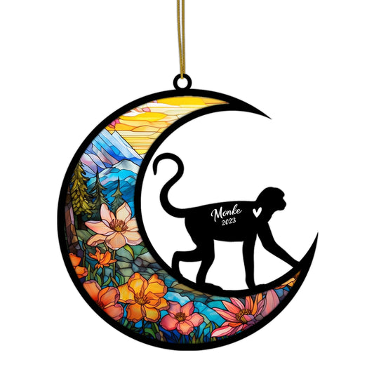 Netecom Personalized Monkey Memorial Suncatcher - Monkey Christmas Ornament with Name & Date - Pet Loss Stained Glass Light Catcher - Bereavement & Sympathy Gift for Loss of Pet
