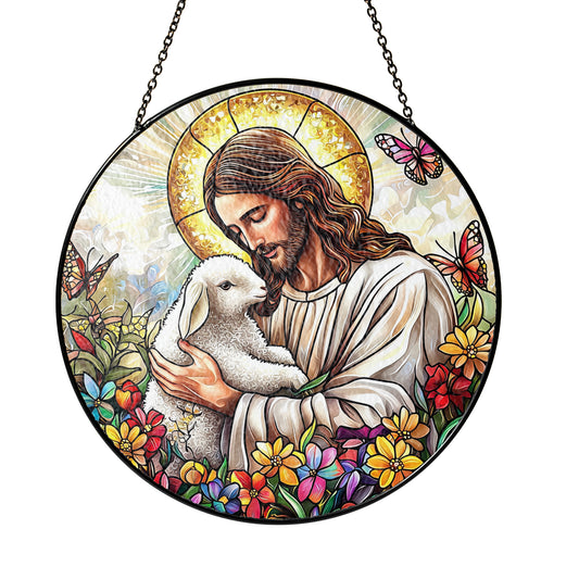 Netecom Jesus and Lamb Stained Glass Suncatcher, Religious Window Hanging Decor, Christian Home Accent, Spiritual Gift for Easter and Christmas