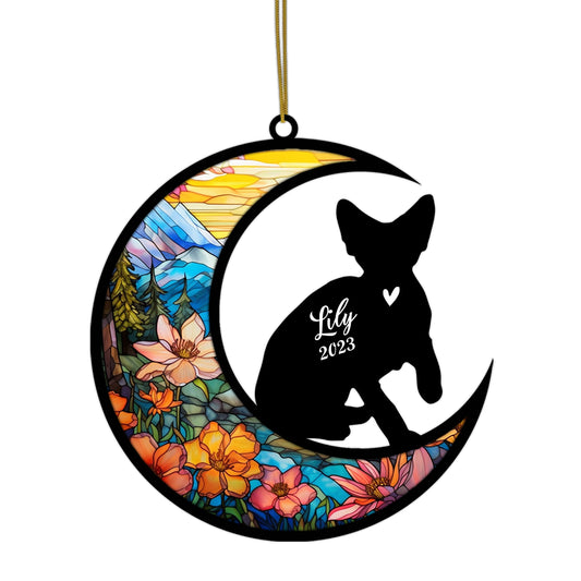 Netecom Personalized Devon Rex Cat On Moon Suncatcher - Custom with Name & Date - Pet Loss Light Catcher - Gifts for Cat Lovers - Christmas Cat Ornament for Window Hangings