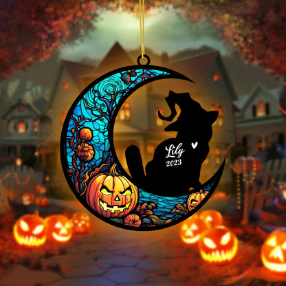 Netecom Personalized Halloween Exotic Shorthair Cat Suncatcher - Custom Cat Ornament with Name, Exotic Shorthair Cat with Witch Hat Halloween Decoration for Window or Garden